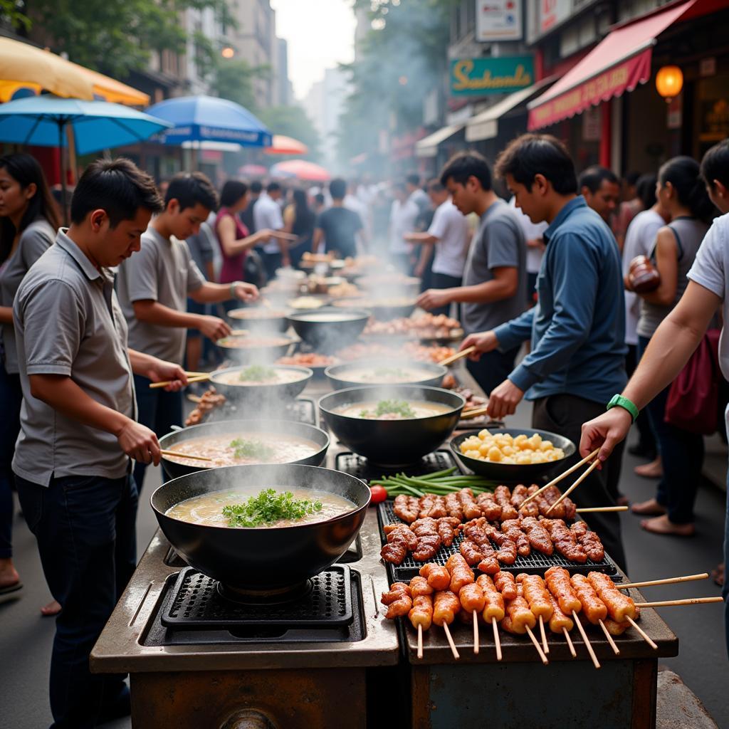 Hanoi street food vendors selling various local dishes like pho and banh mi