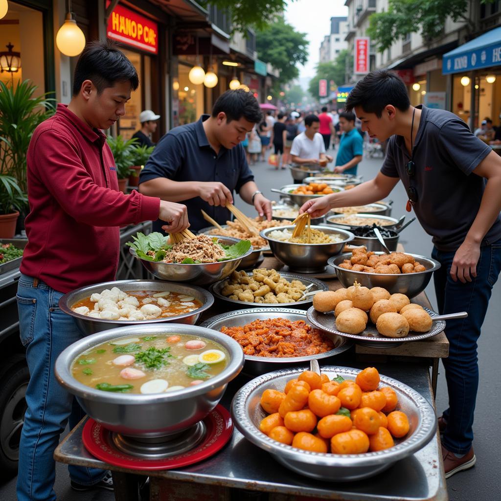 Hanoi street food vendors serving various dishes