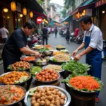 Hanoi street food vendors preparing and selling traditional "món ăn ngày xưa" dishes.