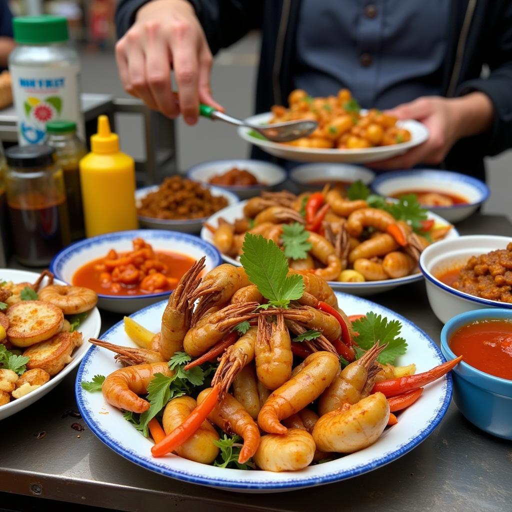 A bustling Hanoi street food scene, featuring various seafood dishes and condiments, including mustard.