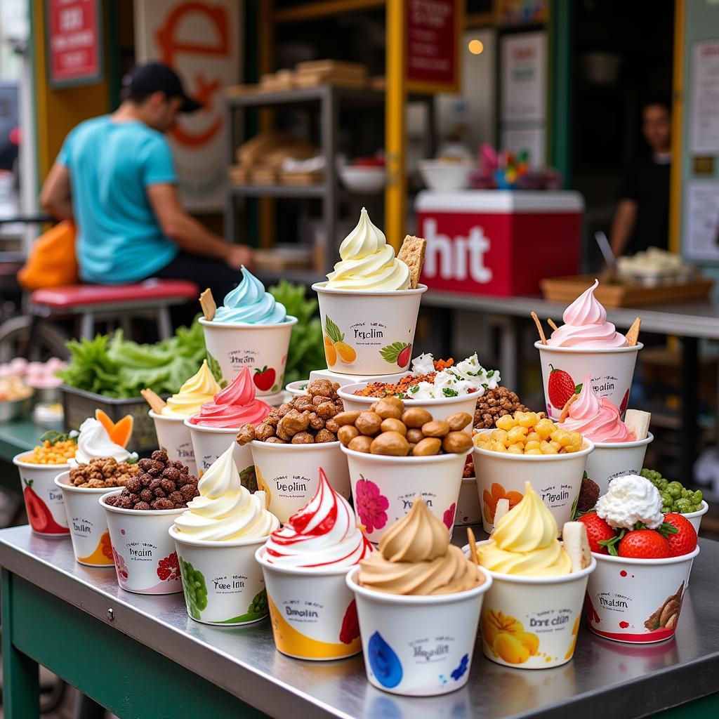 Hanoi street vendor selling various flavors of yogurt