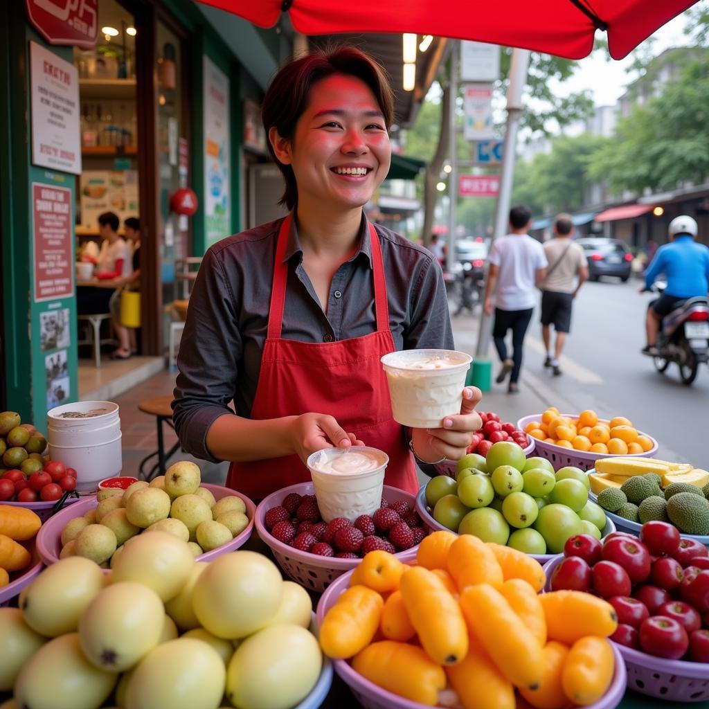 Hanoi street vendor selling yogurt with fresh fruit toppings