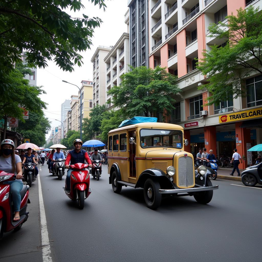 Hanoi Street Scene with a TRAVELCAR Vehicle