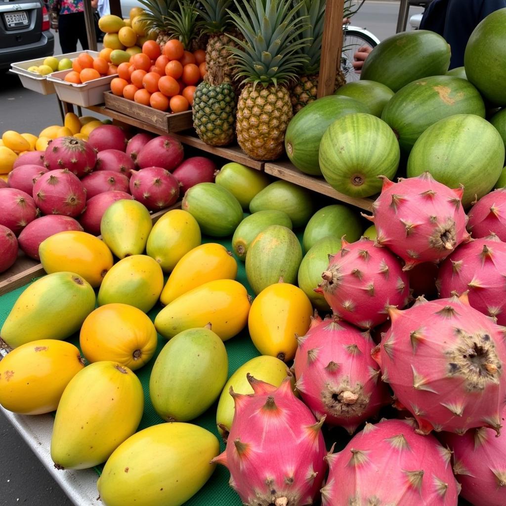 Fresh tropical fruits sold on the streets of Hanoi during summer.