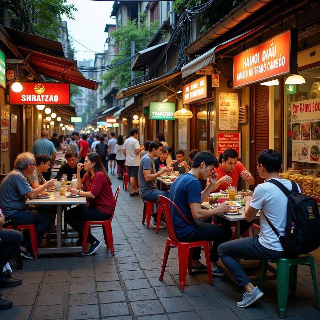 Vibrant street food scene in Hanoi during summer