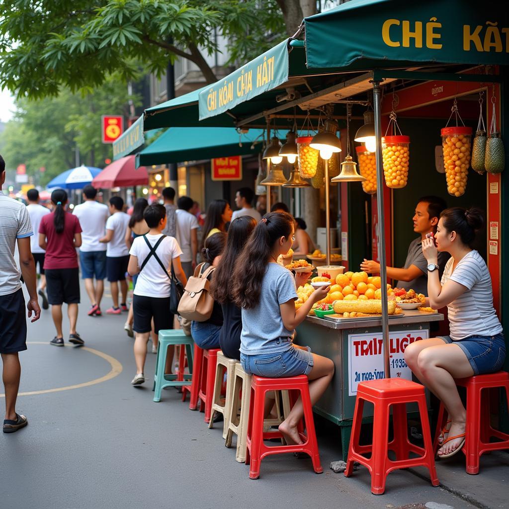 Hanoi summer street food vendors selling various snacks and drinks