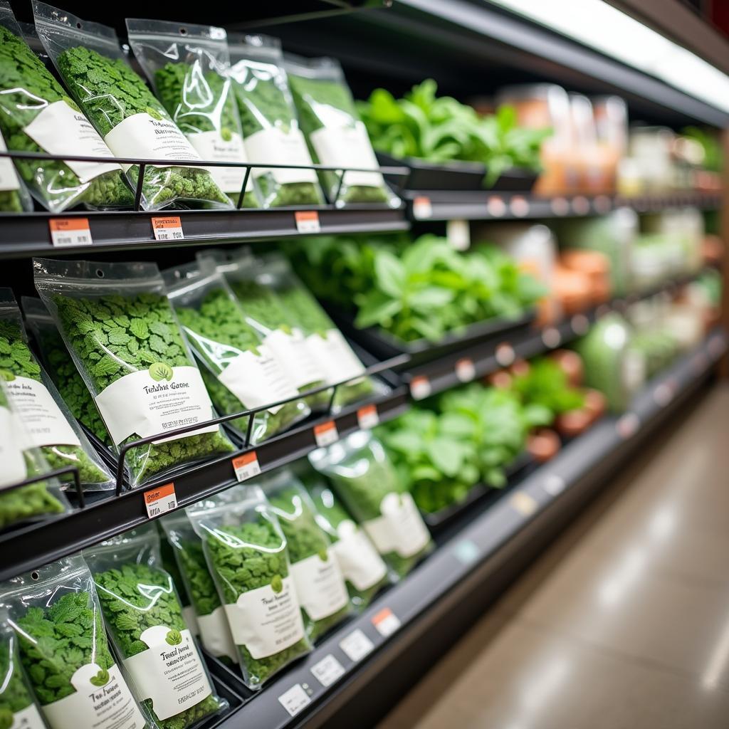 Packaged fresh mint leaves in a Hanoi supermarket