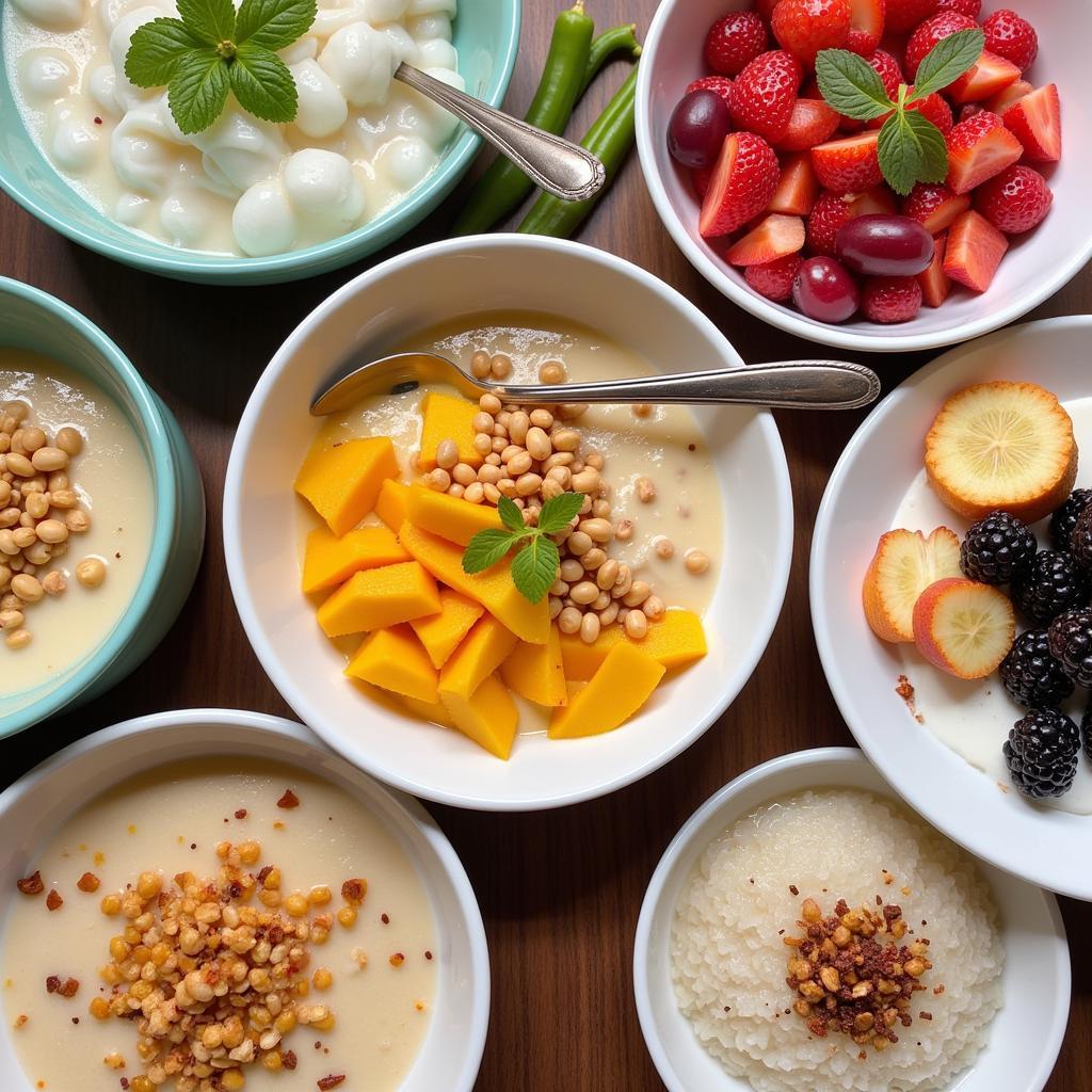 Colorful Bowls of Che and Xoi with Various Toppings and Textures