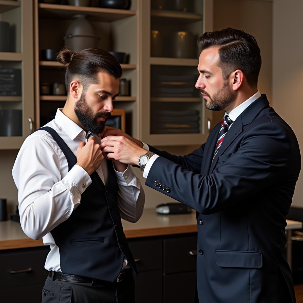 Custom Clothing: A tailor taking measurements of a customer for a bespoke suit.