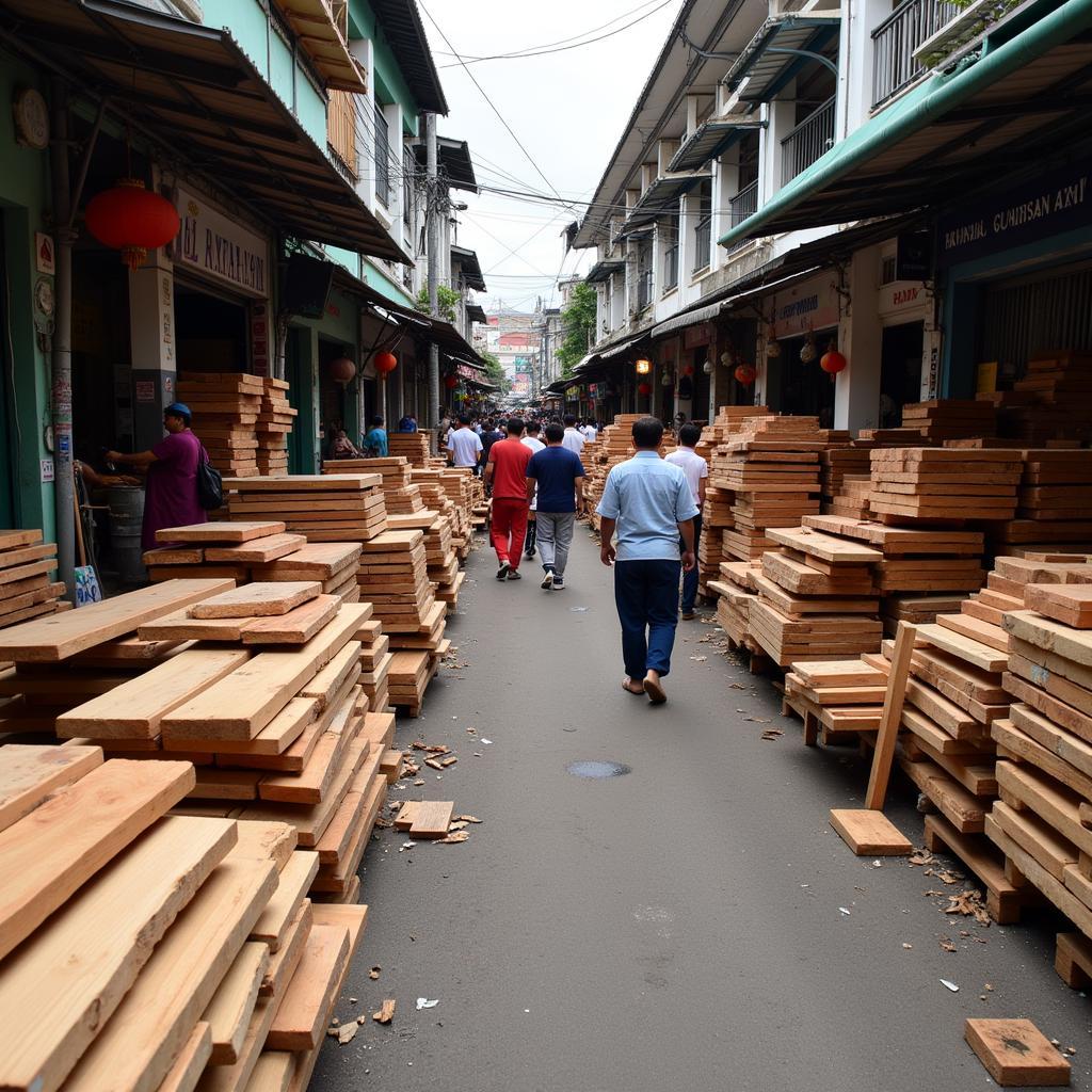 Busy Timber Market in Hanoi