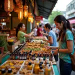 Vendors selling citronella oil in a bustling Hanoi traditional market