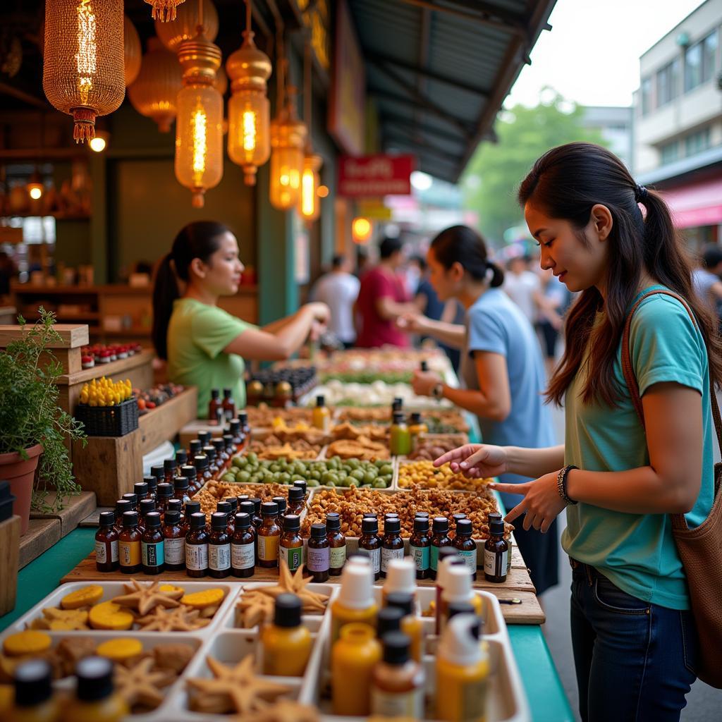 Vendors selling citronella oil in a bustling Hanoi traditional market