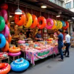 Colorful pool floats for sale at a bustling Hanoi market