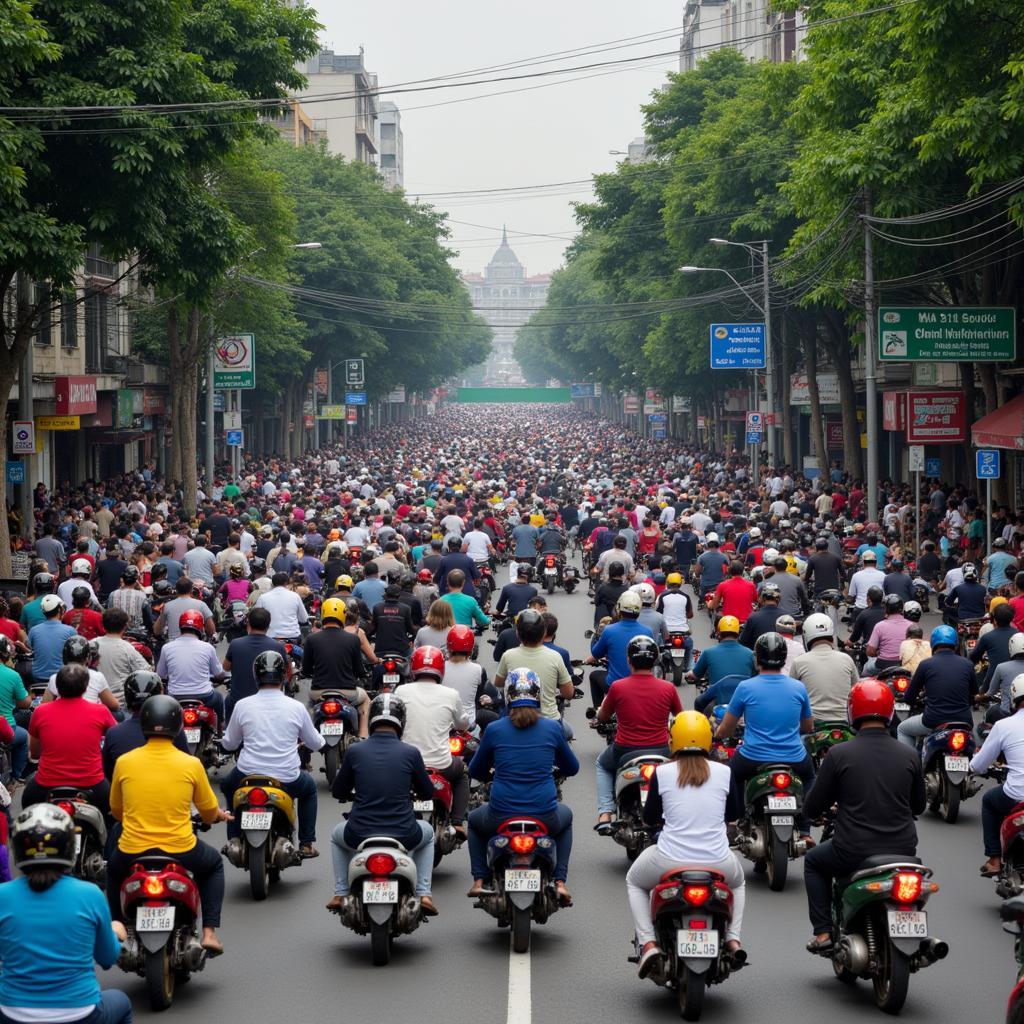 Hanoi traffic with numerous motorbikes