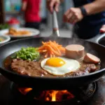 Hanoi Veal Bo Ne: Sizzling veal steak served with eggs and pate on a hot iron skillet.