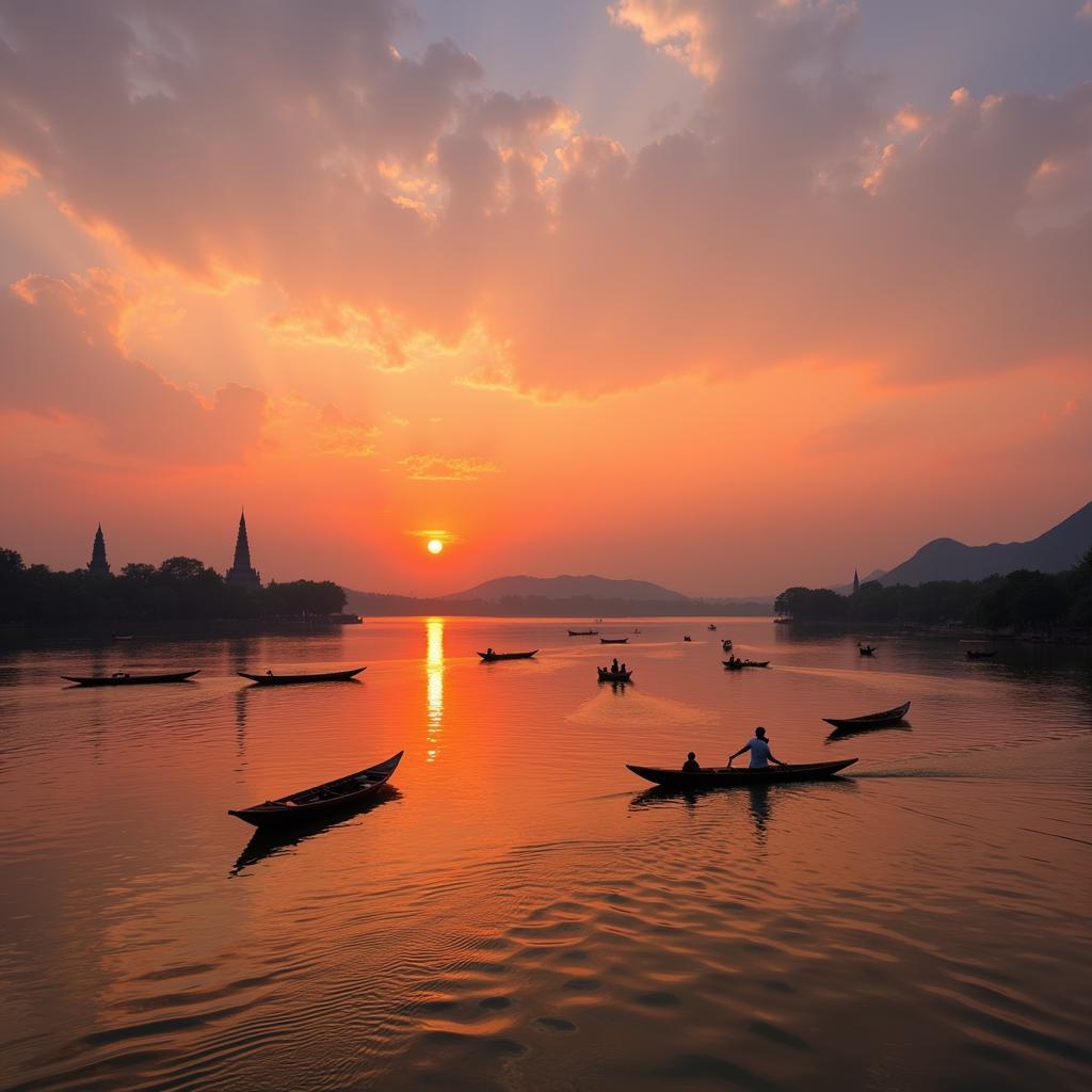 Sunset over Hanoi's West Lake with traditional boats and pagodas in the distance.