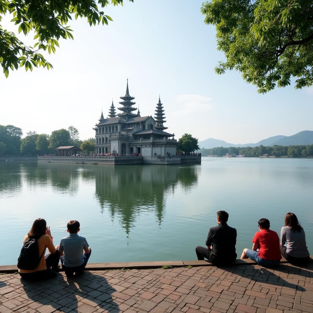 Tran Quoc Pagoda on West Lake, Hanoi with tourists and local residents.