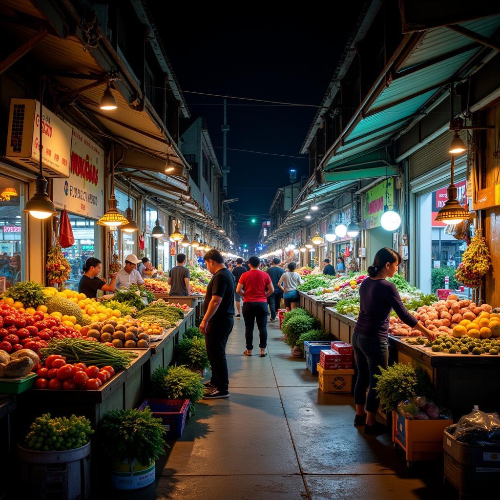 Hanoi Wholesale Market at Night: Vendors Selling Fresh Produce at Long Bien Market