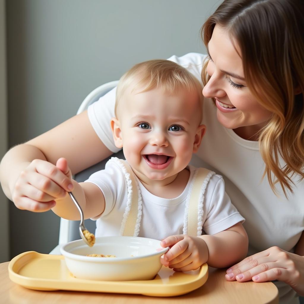 Happy 8-Month-Old Baby Enjoying Mealtime with Parent