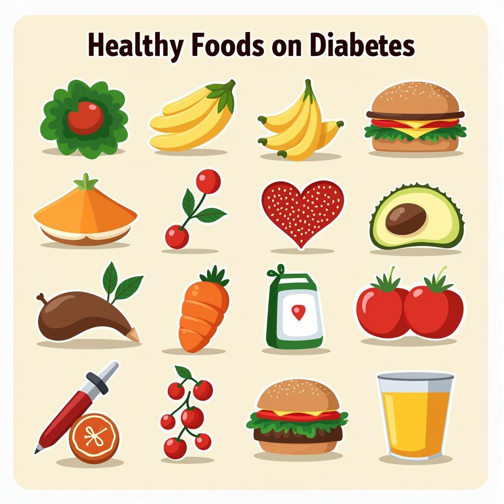 Healthy Food Choices for Diabetes: An assortment of healthy foods including vegetables, lean proteins, whole grains, and low-sugar fruits, visually representing a balanced and nutritious diet suitable for managing diabetes.