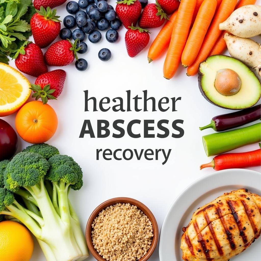 A variety of healthy foods for abscess recovery, including fruits, vegetables, whole grains, and lean protein.