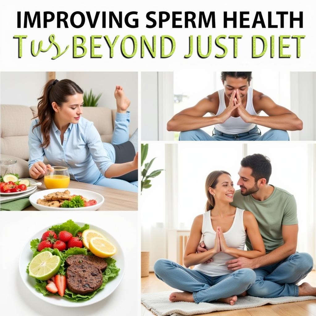 A collage showcasing various aspects of a healthy lifestyle that contribute to sperm improvement, including exercise, a balanced diet, and stress management techniques.