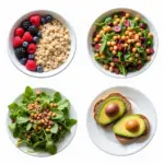 A display of high-fiber foods including fruits, vegetables, and whole grains.