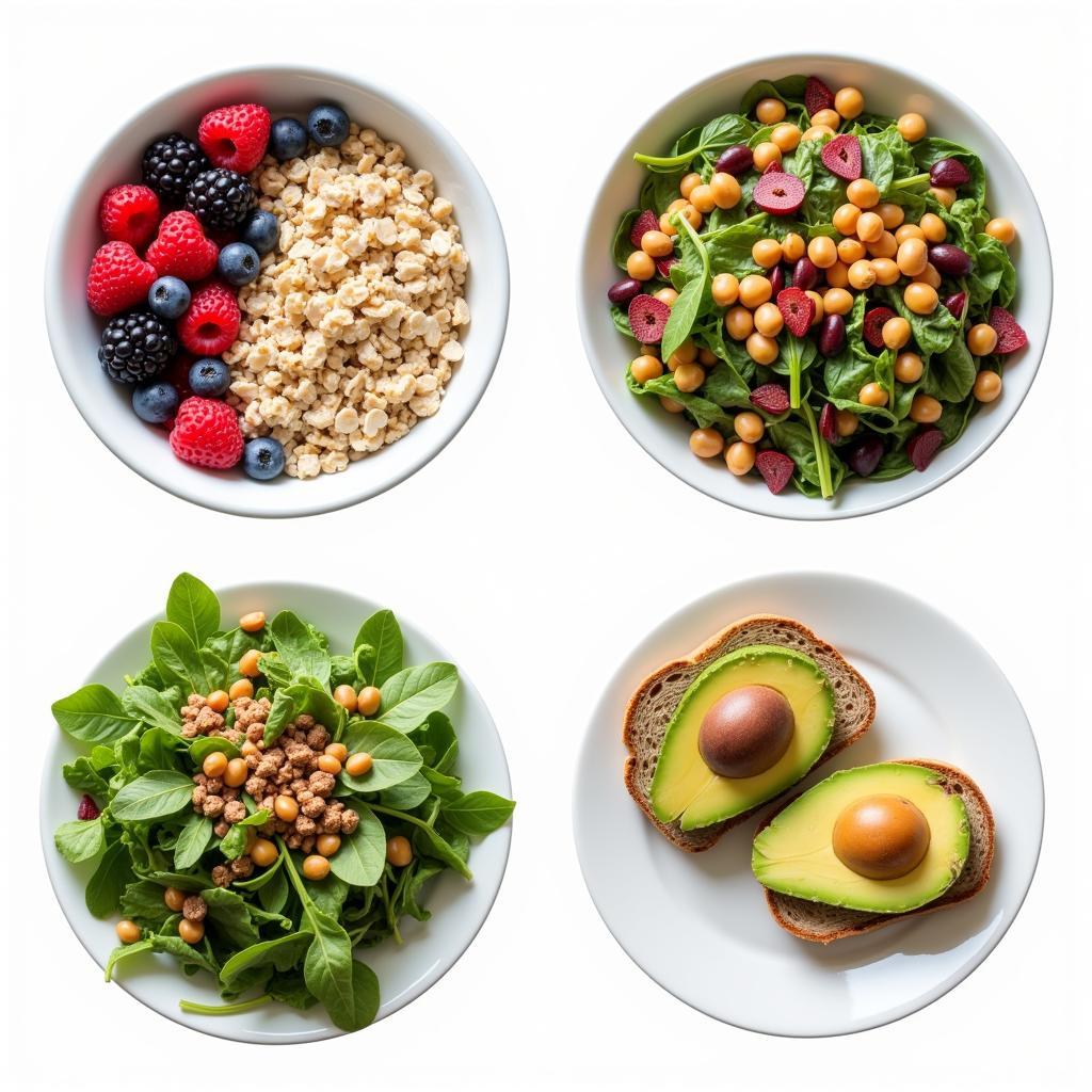 A display of high-fiber foods including fruits, vegetables, and whole grains.