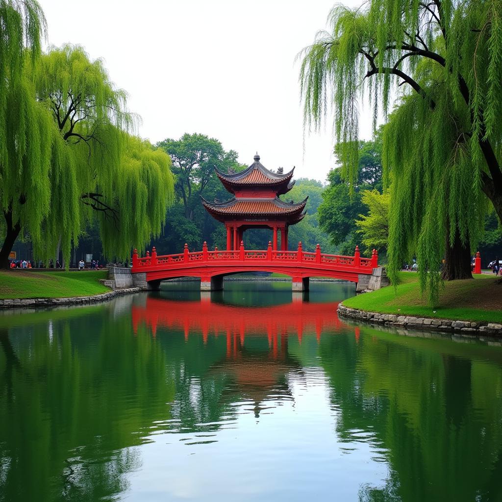 Hoan Kiem Lake in Hanoi with the Ngoc Son Temple in the background.