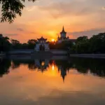 Peaceful sunset view of Hoan Kiem Lake in Hanoi.