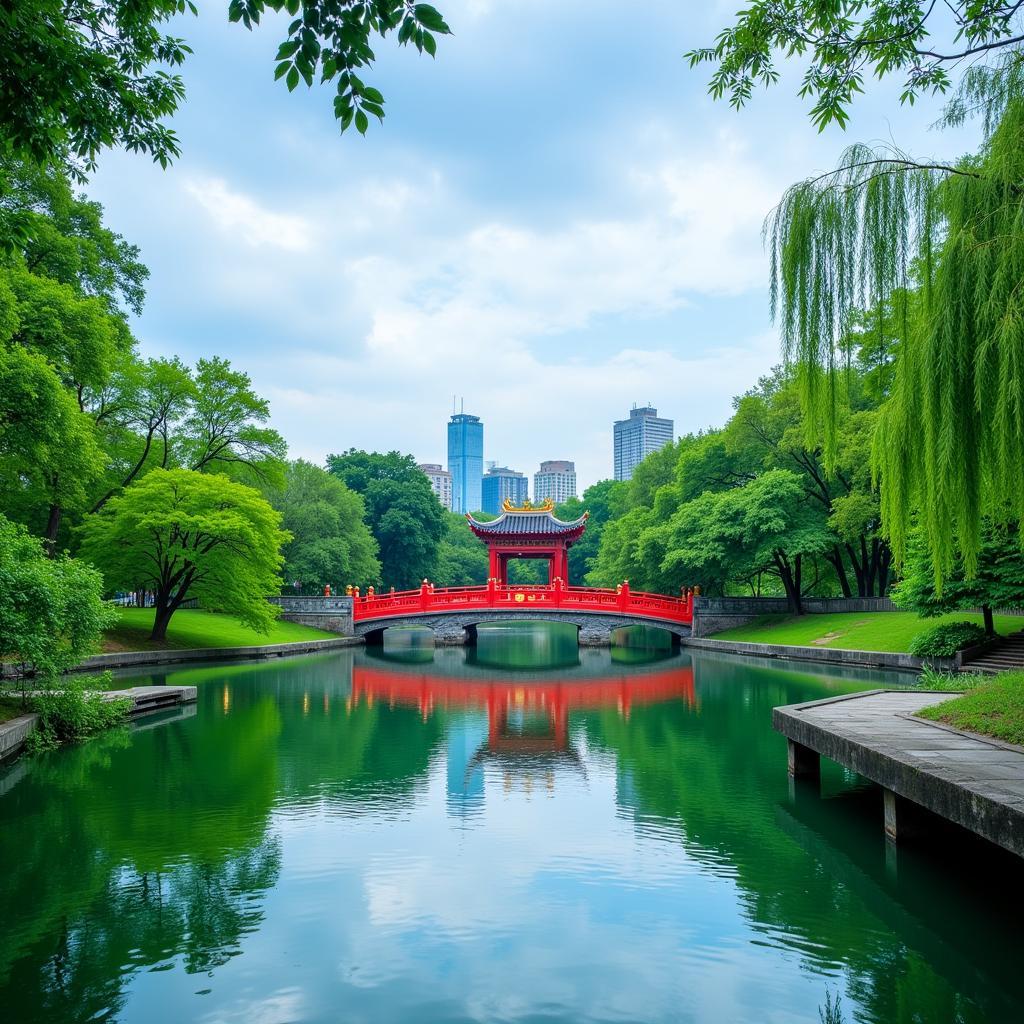 Hoan Kiem Lake in Hanoi, Vietnam, offering a tranquil escape in the city center.