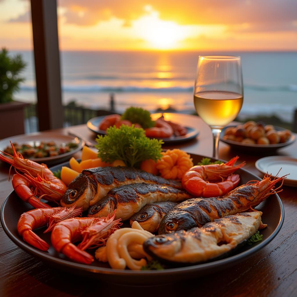 A table laden with fresh seafood dishes on Hon Son Island, overlooking the ocean.