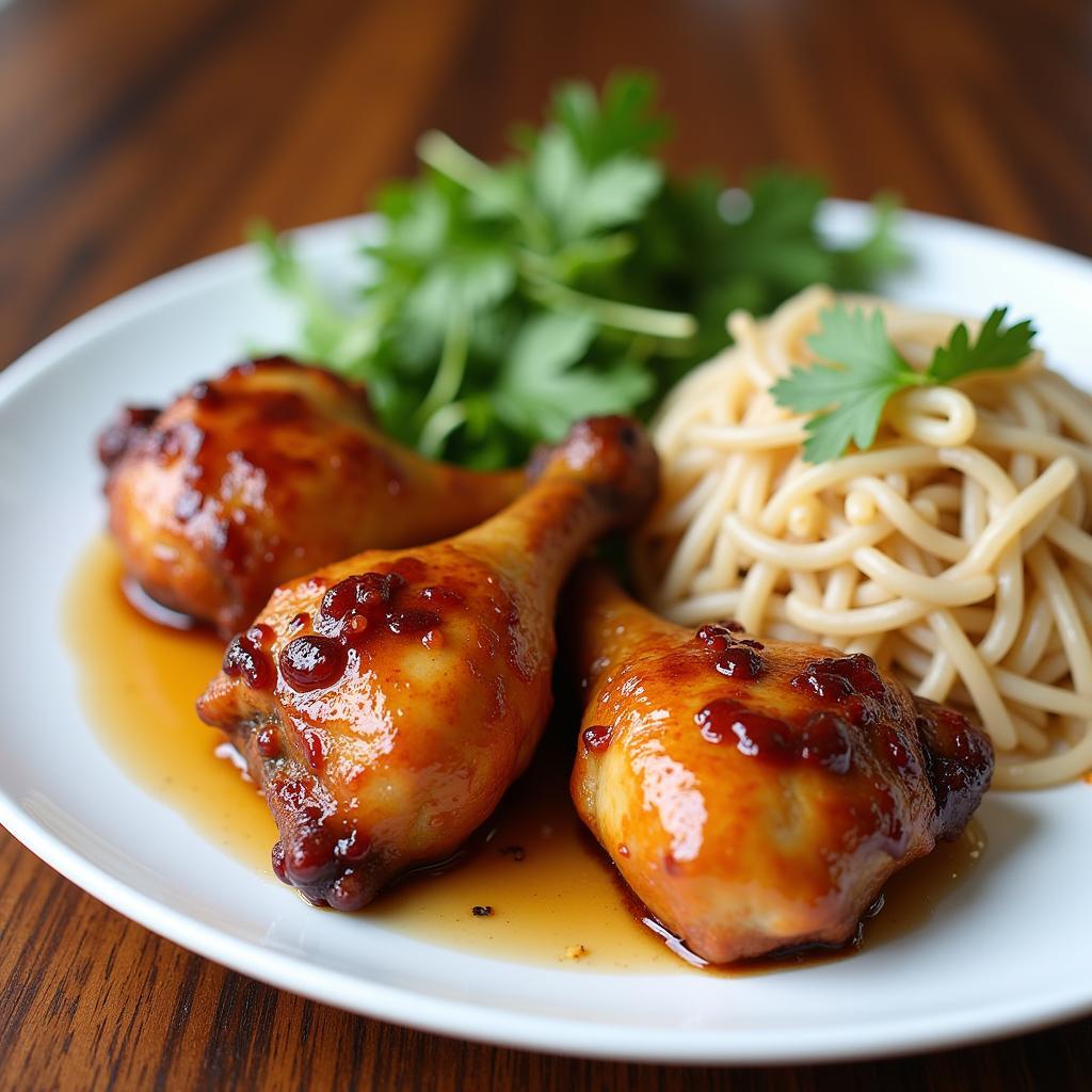 Honey-glazed grilled chicken and banh cuon served on a traditional Vietnamese platter.