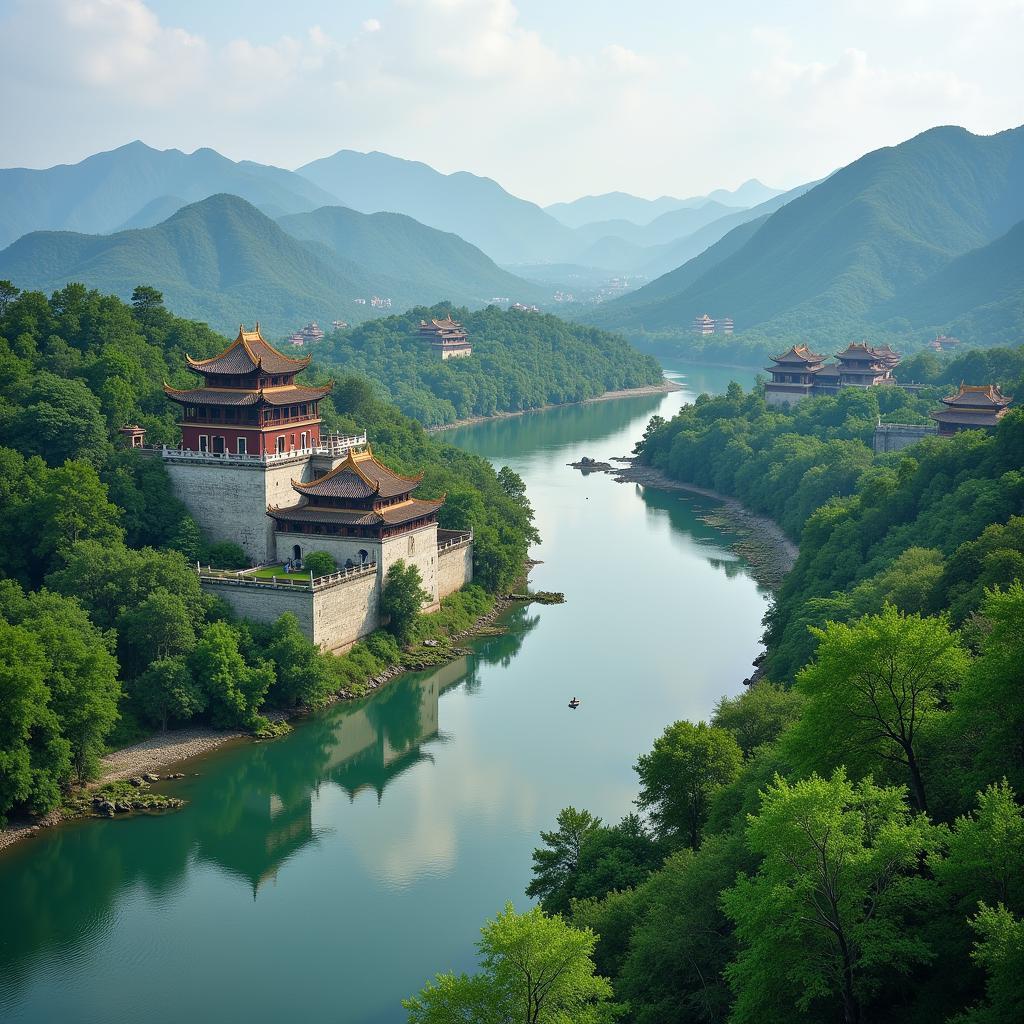 Hue Imperial Citadel: Situated along the Perfume River, nestled between mountains, embodying the principles of a powerful dragon's landing.