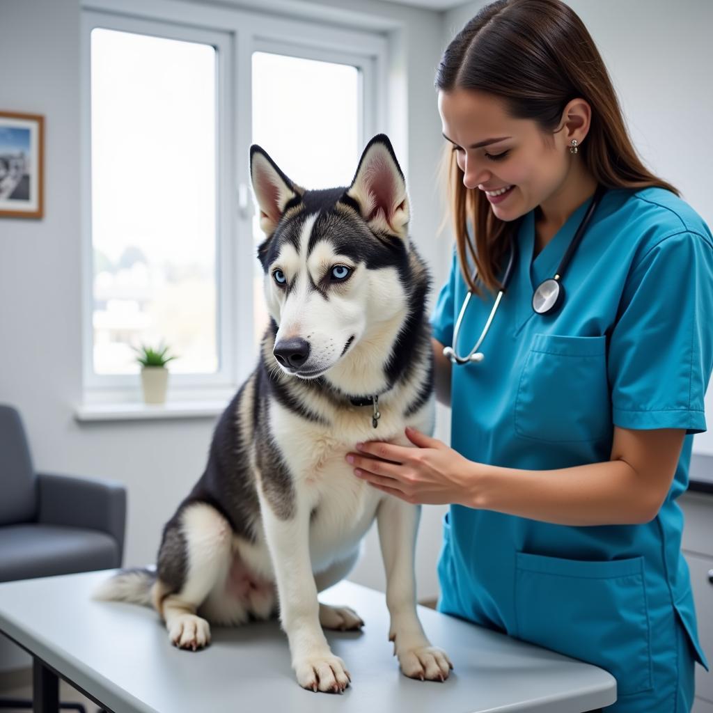 Husky getting a checkup at the veterinarian's office.