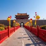 The Imperial Citadel in Hue adorned with colorful lanterns and banners for Tet celebrations.