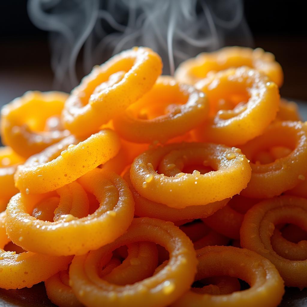 Close-up of bright orange jalebi, a popular Indian sweet, served on a plate.