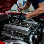 A buyer inspecting the engine of a Xe 67 motorcycle