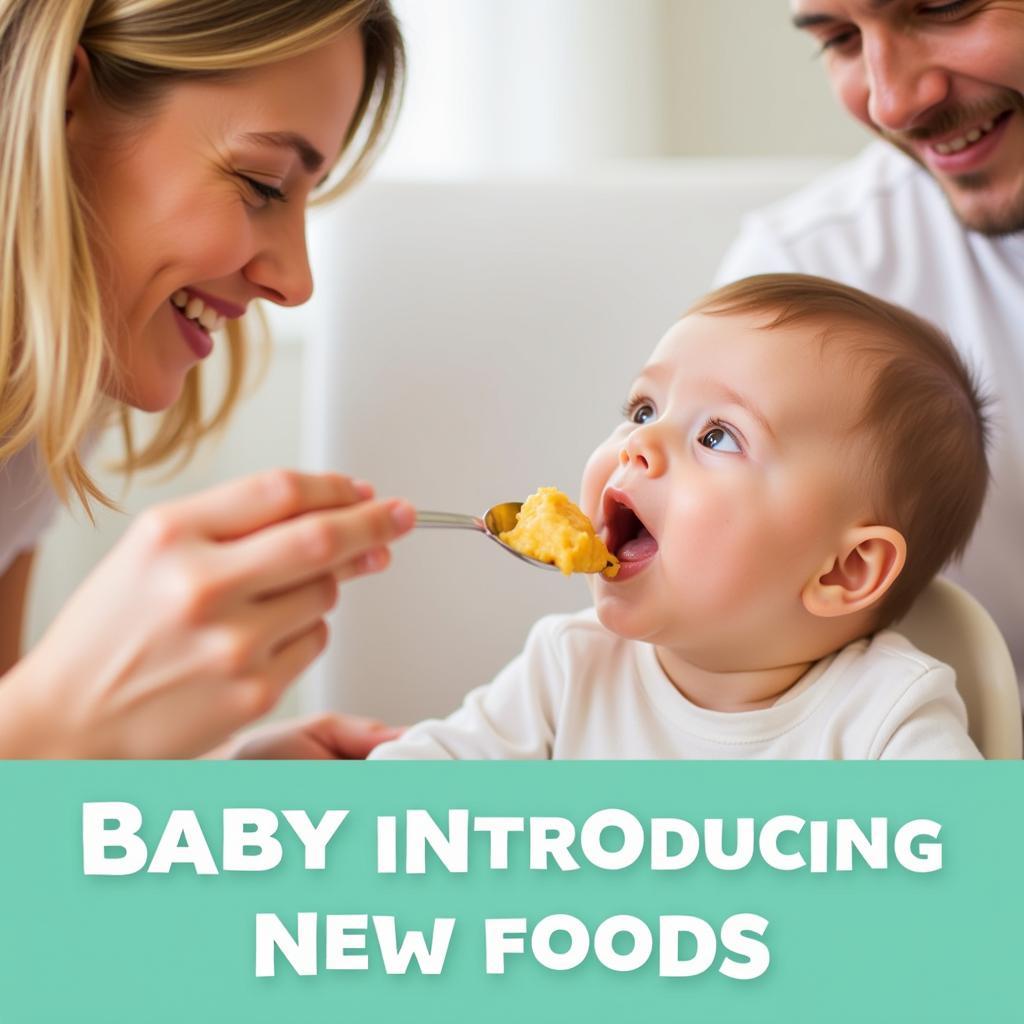 Parent patiently offering a new food to their 10-month-old baby.