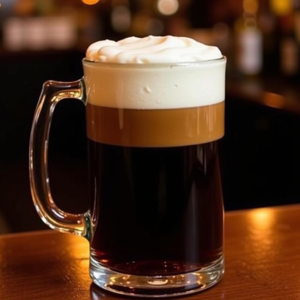 A steaming glass mug of Irish coffee with a layer of cream on top.