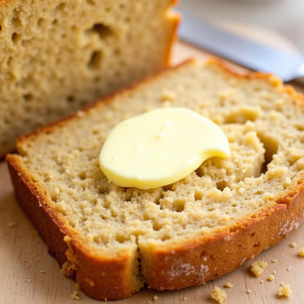 A slice of freshly baked Irish soda bread topped with a pat of butter.