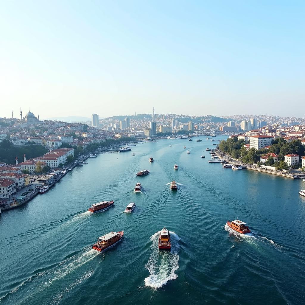 Istanbul divided by the Bosphorus Strait, separating Europe and Asia