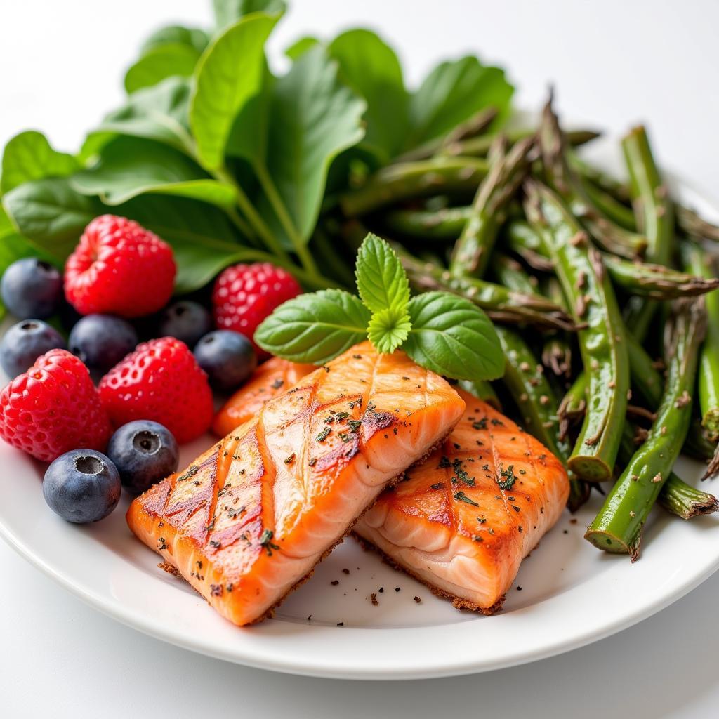 A plate of kidney-friendly foods including berries, fish, and vegetables.