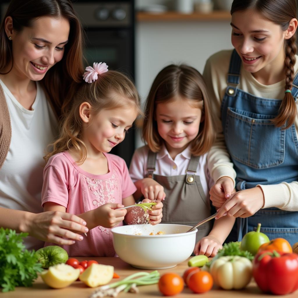 Children helping to prepare a meal in the kitchen.