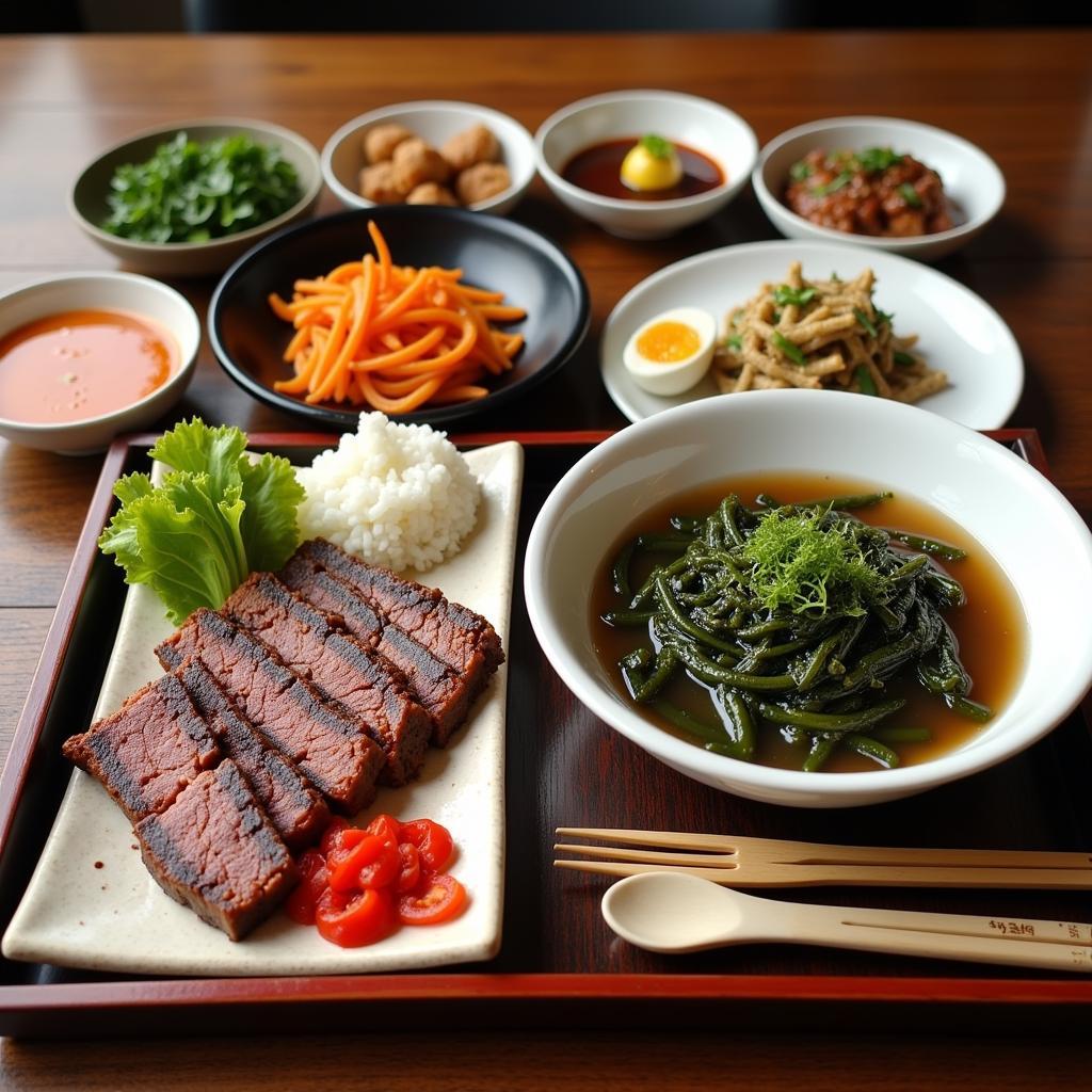 A traditional Korean meal featuring seaweed soup, bulgogi, and various banchan.