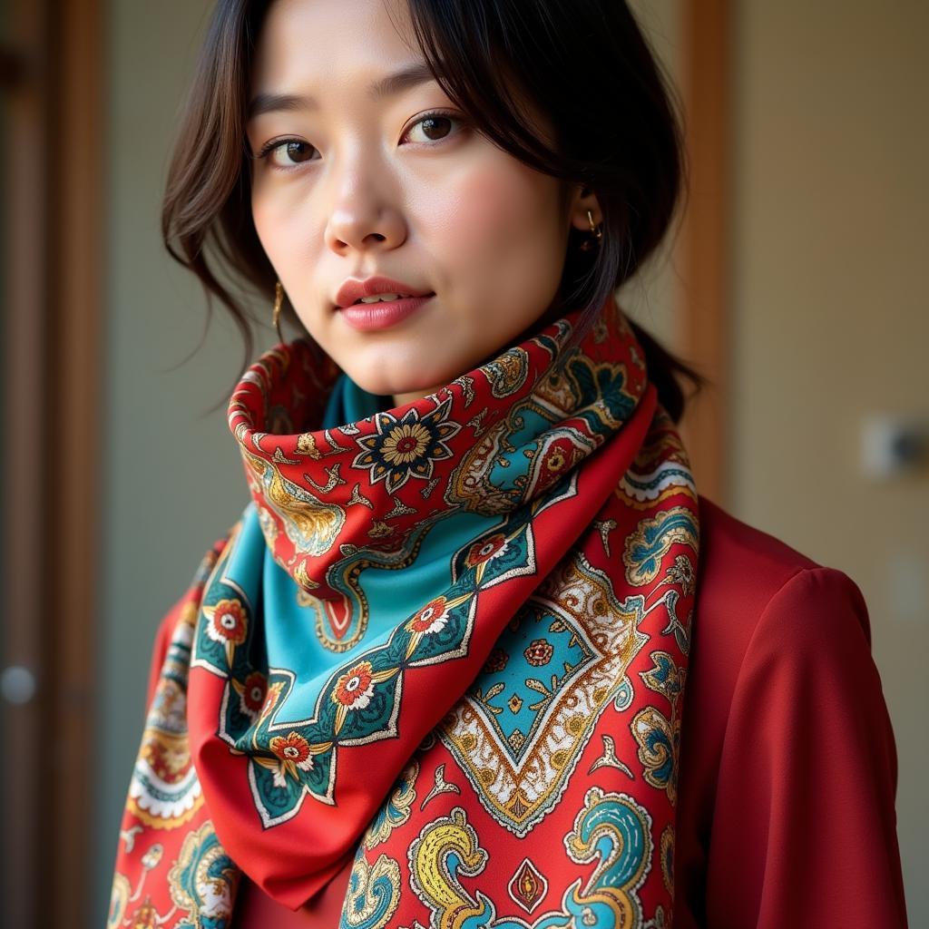 A Woman Wearing a Lanh My A Silk Scarf