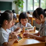 Children learning soroban in a Hanoi classroom