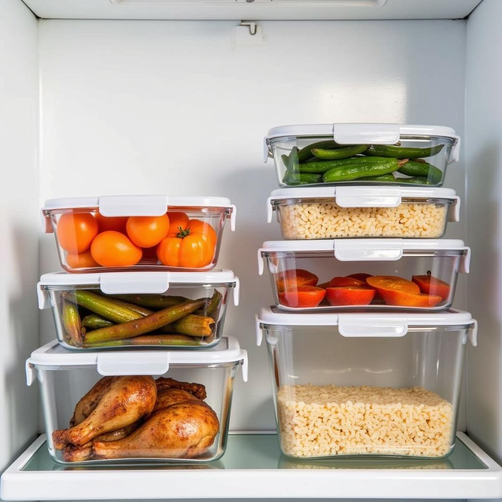 Various leftovers stored in airtight containers in the refrigerator.