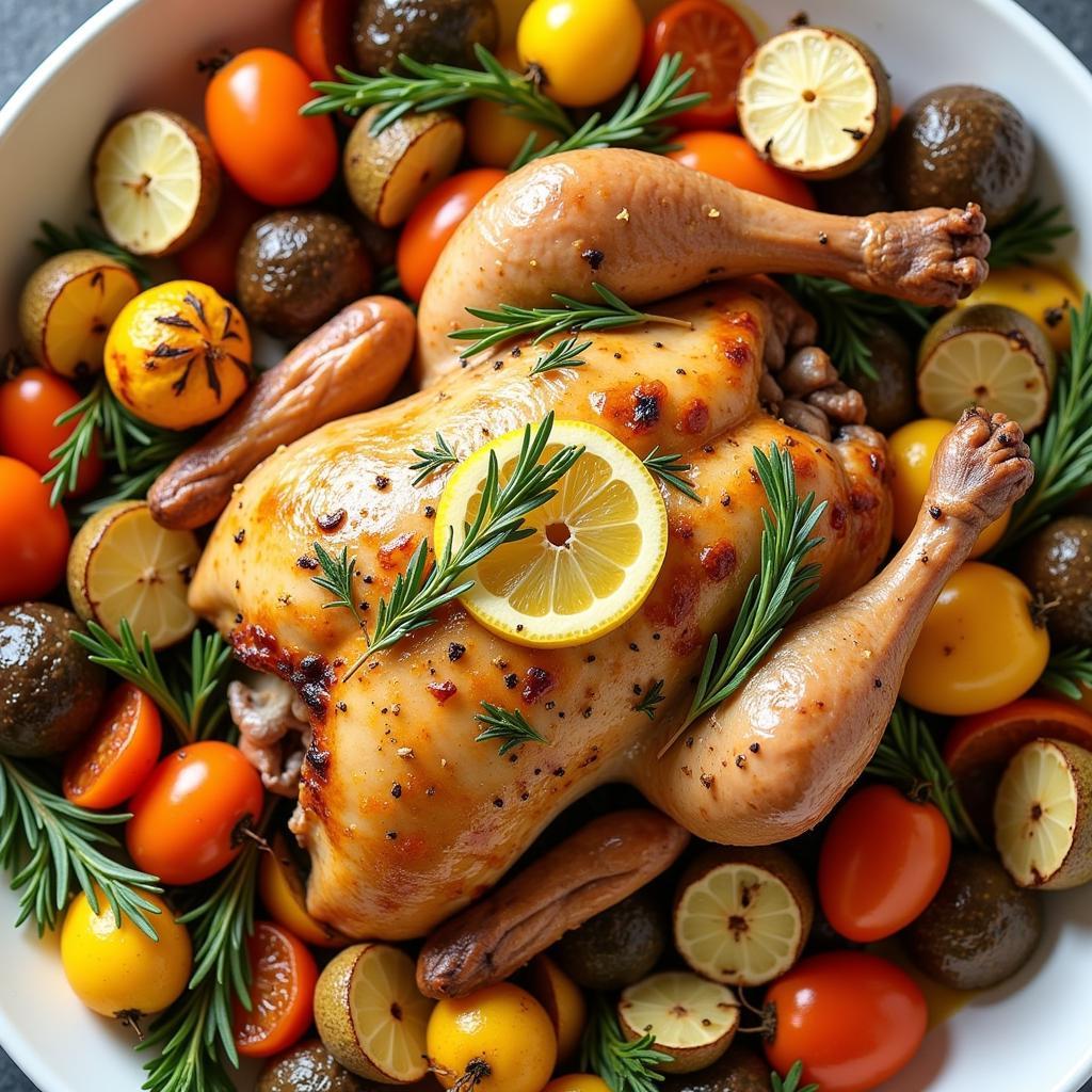 A delicious and healthy eat clean meal of lemon herb roasted chicken and roasted vegetables.