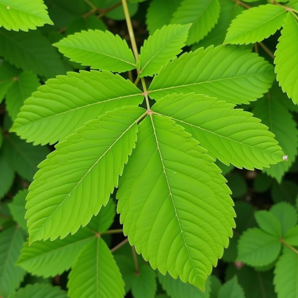 Close-up view of locust tree leaves, showcasing their distinctive shape and texture.